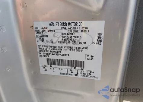 2005 Ford F-150 Stx/Xl/Xlt из США, поврежденный, VIN 1FTRX14W55FA20319